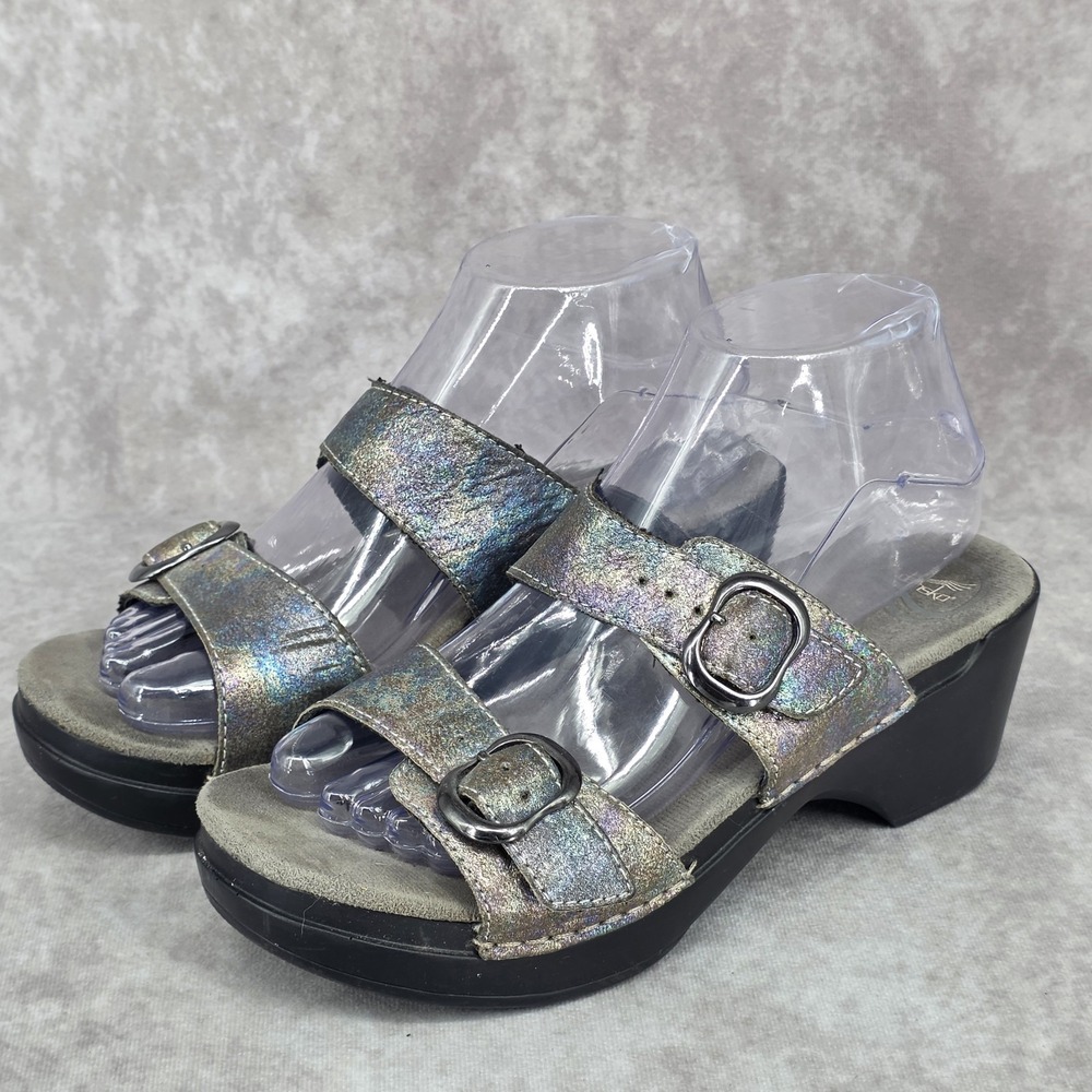 Dansko Womens 7.5-8/38 Sophie Platform Slide Strappy Sandals Silver Iridescent
